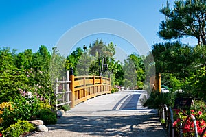 Ornamental wooden foot bridge in a a garden setting