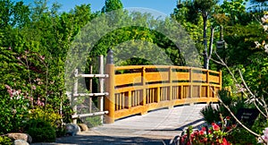 Ornamental wooden foot bridge in a a garden setting