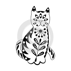 Ornamented abstract cat. Scandinavian style pattern. Black and white illustration
