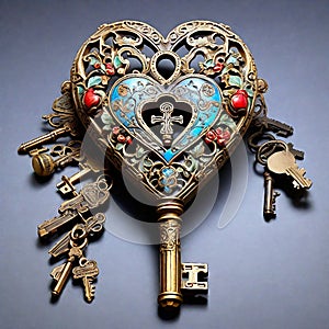 Ornamented aged golden key in the shape of a heart