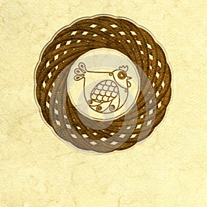 Ornamented chicken in stylized nest