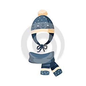 Ornamented knitted childish earflap hat and scarf. Winter chullo with pompom for children. Flat vector cartoon