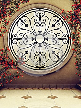 Ornamented window with rose vines