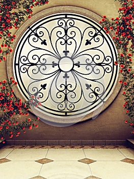 Ornamented window with rose vines photo