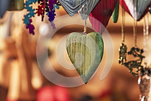 Ornaments and symbols of Christmas hanging on a market stall