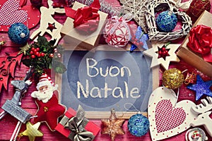 Ornaments and text buon natale, merry christmas in italian