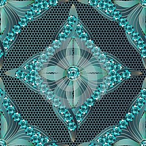 Ornate 3d jewelry gemstones vector seamless pattern. Turquoise hand drawn striped line art tracery paisley flowers with diamonds