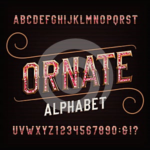 Ornate alphabet font with gemstones. Vintage golden letters and numbers.