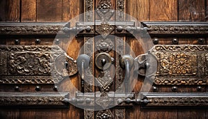 Ornate antique doorknob on old wooden door with brass handle