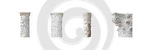 Ornate Architectural Columns Set. Classical Design And Decorative Elements Collection Isolated On Transparent Background