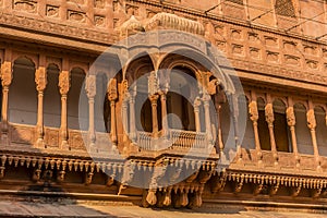 Ornate balconies adorn the Junagarh Fort in Bikaner, Rajasthan, India