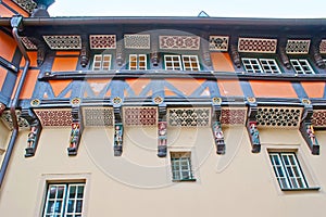 The ornate balcony of Rathaus Town Hall, Wernigerode, Germany