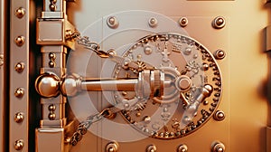 Ornate bank safe door secures the vault, safeguarding money and precious metals, Ai Generated