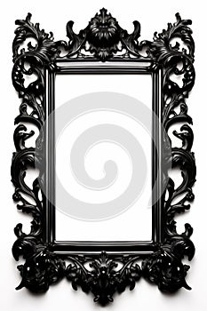 Ornate baroque black frame isolated on white backdrop. Intricate rococo frame with copy space. Concept of vintage decor