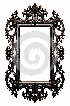 Ornate baroque black frame isolated on white background. Intricate rococo frame with copy space. Concept of vintage