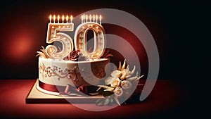 ornate birthday cake with number fifty candles and roses on a dark burgundy background