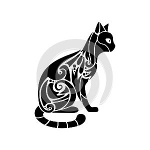 Ornate black cat silhouette, decorative vector illustration