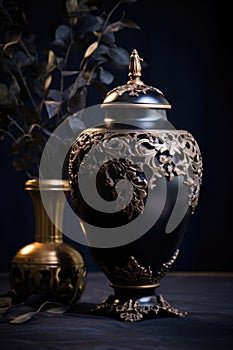 Ornate Black Urn with Bronze Accents on Dark Background