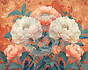 Ornate botanical illustration featuring a variety of elegant flowers in full bloom in art nouveau style