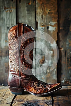 An ornate brown leather western boot showcasing traditional embroidery, set against an aged wooden plank backdrop
