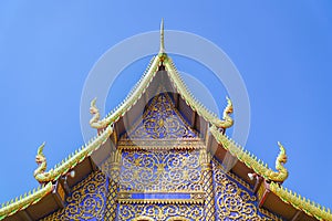 Ornate Buddhist pagoda facade and gable