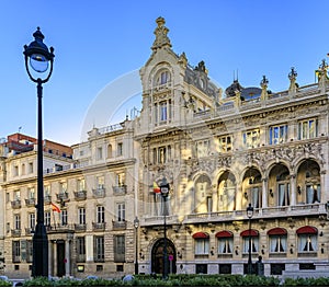 Ornate buildings near Gran Via, main shopping street in Madrid, Spain