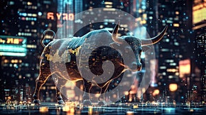 An ornate bull is intertwined with a pulsating stock line set against a backdrop of atmospheric city nightscapes where photo