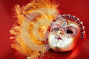Ornate carnival mask on red background