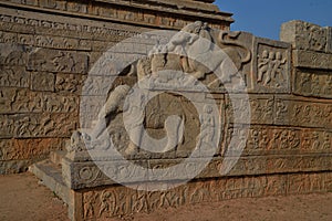 Ornate carvings on the walls of Dasara Dibba or the Mahanavami Dibba, a beautiful stone platform at Hampi Karnataka, India