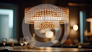 Ornate chandelier illuminates luxurious dining room in modern architecture at night generated by AI