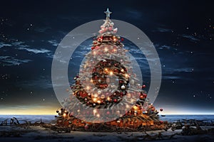 An ornate Christmas tree decorated with Christmas toys outdoors under starry sky. New Year.