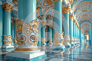 ornate columns and pilasters of an opulent hall vanishing into the distance