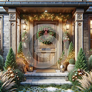 Ornate Country Home Front Pine Entrance Door Decorations Christmas Holiday Celebrating Season Wreath AI Generate