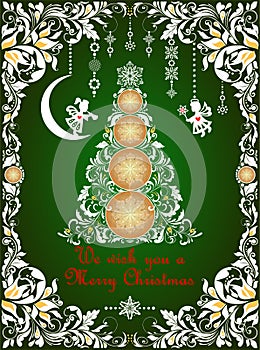 Ornate craft green Christmas greeting card with floral paper cut out border, hanging handmade paper angels and decorative xmas tre