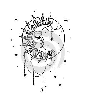 Ornate crescent moon with face and closed eyes, engraved stylization. Boho illustration for print, Tarot card, Tarot