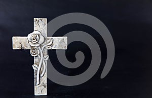Ornate cross on a dark background. Condolence card. Empty place for emotional sentimental quote or text
