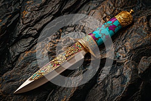 Ornate dagger on a textured rock surface