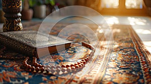 Ornate decorations, Quran verses, and prayer beads create a spiritually rich ambiance with copy space photo