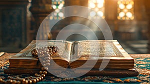 Ornate decorations, Quran verses, and prayer beads create a spiritually rich ambiance with copy space