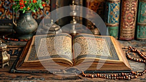 Ornate decorations, Quran verses, and prayer beads create a spiritually rich ambiance with copy space