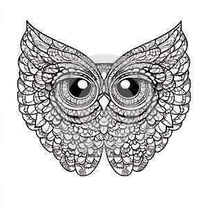 Ornate Detailed Owl Wings Design Black Ink Drawing Elegant Bird Graphic Pattern Zentangle Style Wildlife Illustration Nature Art photo