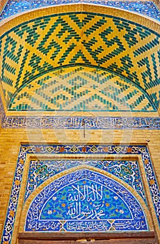 Ornate details of Jameh Mosque`s portal, Yazd, Iran
