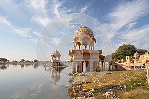 Ornate, Domed Jain Temple on Gadisar Lake, Jaisalmer, India