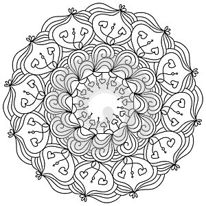 Ornate doodle mandala with hearts and key, anti stress coloring page with curls and loops for valentine`s day