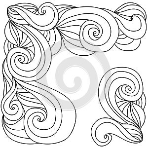 Ornate doodle patterns in swirls for corner frame, anti stress zen coloring page with waves and spirals