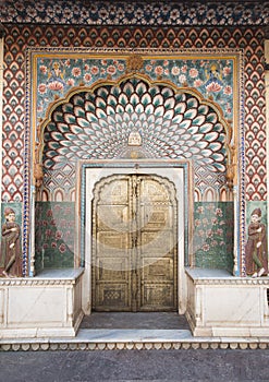 Ornate door in City Palace in Jaipur, India
