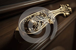 ornate door handle, with detailed filigree and swirls, on bedroom or closet door