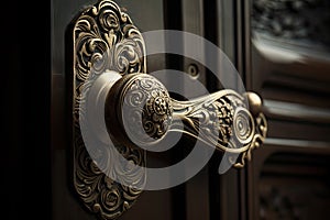 ornate door handle, with detailed filigree and swirls, on bedroom or closet door