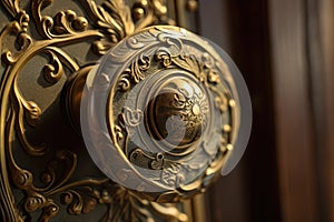 ornate door handle, with detailed filigree and swirls, on bedroom or closet door