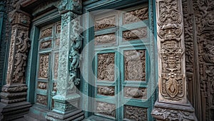 Ornate doorway of ancient building showcases cultural history and elegance generated by AI